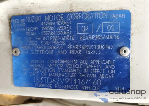 2001 Suzuki Grand Vitara Jx from USA, damaged, VIN JS3TD62B914167160